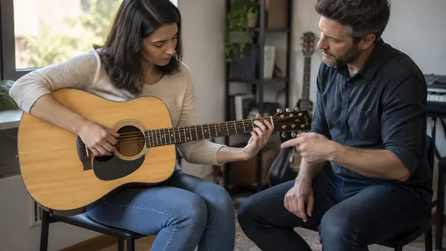 An adult beginner examines an unmarked acoustic guitar with an instructor in a modest music room.