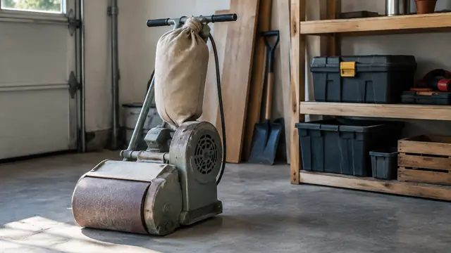 An unbranded floor sander beside a compact home tool shelf in a garage.
