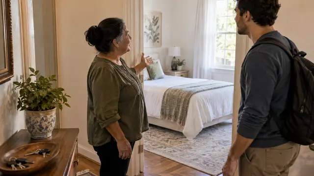 Candid, photorealistic scene of an older Latina homeowner and a younger male prospective roommate discussing a bright spare bedroom from its doorway. Separate key sets rest on a hallway table in natural daylight, with no visible text or logos.