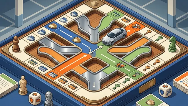 Isometric board-game illustration of a rental car navigating insurance choices and coverage symbols.