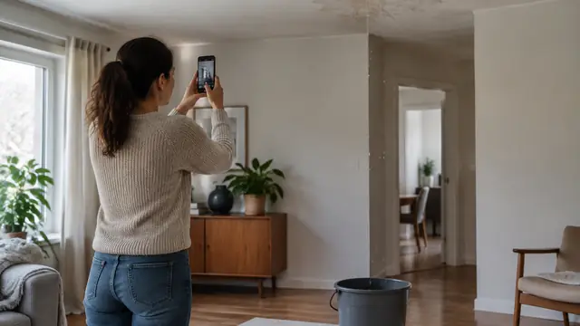 A renter photographs a ceiling leak from a safe distance while a bucket catches dripping water and furniture sits away from the damp area.