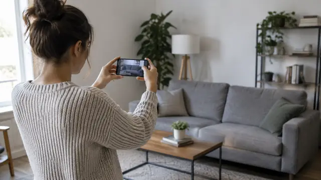 A renter photographs household belongings with a phone facing away in a modest apartment, with no visible text, logos, brand names or readable screens.