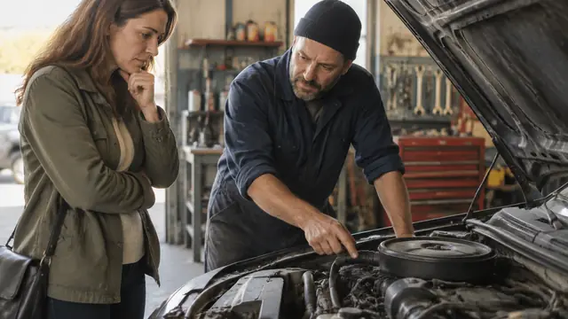 An owner and independent mechanic discuss an older unbranded sedan with its hood open in warm, natural workshop light.