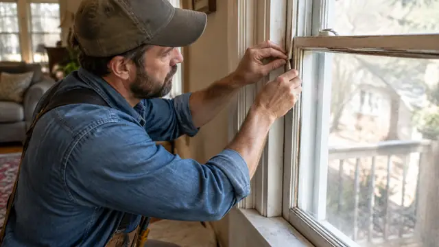 A window repair specialist examines weatherstripping on an older wood sash window in a lived-in home.
