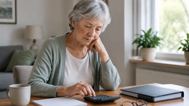 Senior seated at a home desk with a calculator, closed binder and reading glasses in gentle daylight.
