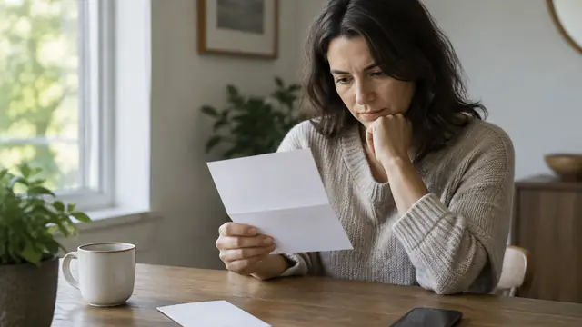 An adult examines a letter with its contents facing away from the camera, with a plain envelope and a face-down phone nearby; no readable text or logos.