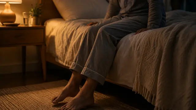 An adult sits at the edge of a bed at night, gently moving their legs in warm bedside light.