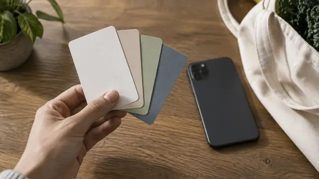 A hand holding several blank loyalty cards beside a face-down smartphone and a reusable shopping bag, with no visible text, logos, or readable screens.