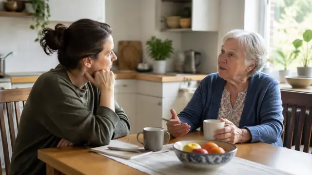 An older homeowner and an adult family member talk at a kitchen table in a well-kept, modest home.