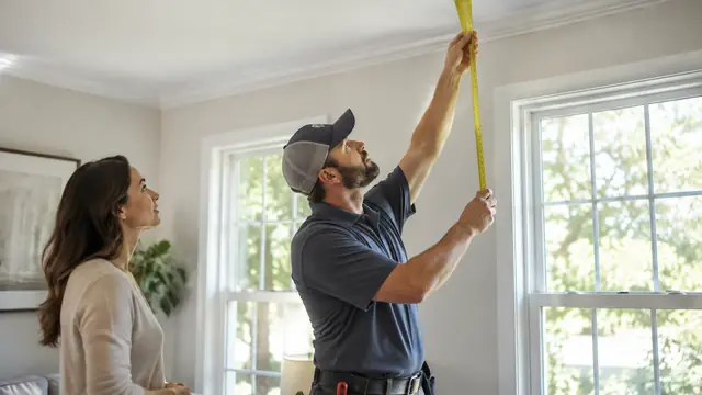 An HVAC technician measures a sunlit residential room while a homeowner watches, with windows and a ceiling register visible.