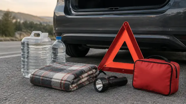 Water containers, a blanket, flashlight, reflective triangle and plain first-aid pouch arranged beside an open car trunk.
