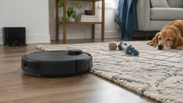 An unbranded robot vacuum approaches a rug edge in a lived-in room, with a charging dock and several pet toys nearby.
