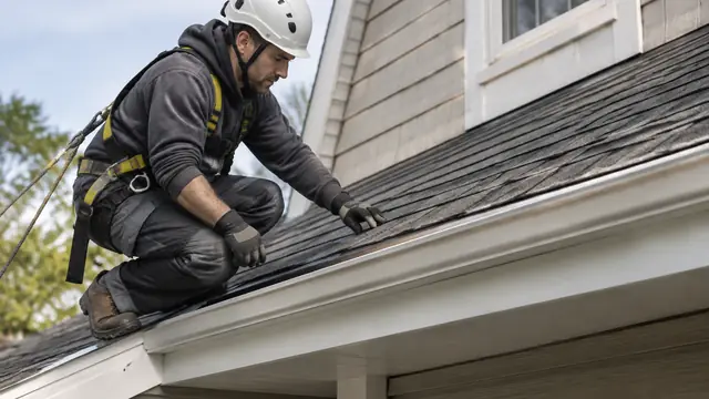 Roofer wearing fall-protection equipment inspects shingles and metal flashing on a modest suburban house in soft daylight.