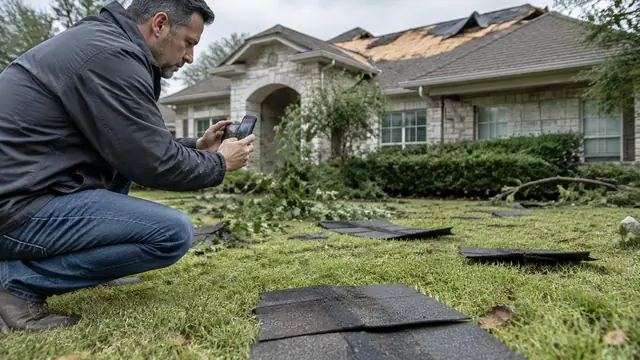 A homeowner photographs scattered shingles from ground level in a yard after a storm, with a damaged roof visible in the background.