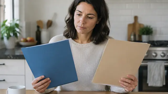A midcareer adult considers two plain folders at a kitchen table in neutral natural light, with no visible text, logos, brand names or readable screens.