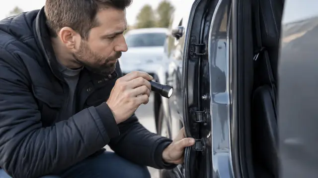 A used-car buyer examines a vehicle door jamb with a flashlight; identification labels are outside the frame, with no visible text, logos or readable screens.
