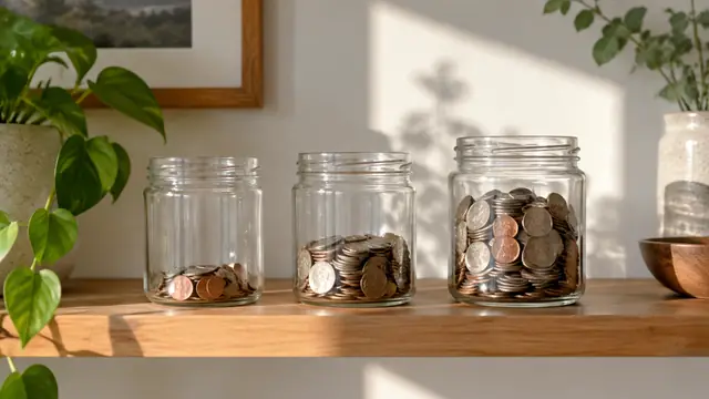 Three plain glass jars holding different amounts of coins on a sunlit shelf in an understated home setting.