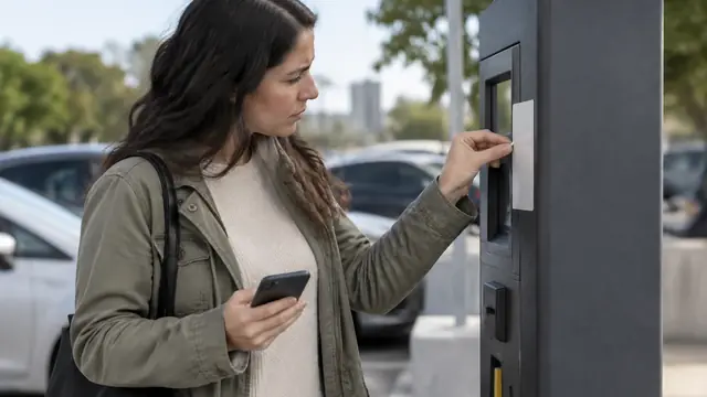 A driver inspects the edge of a blank sticker on a parking payment kiosk while holding a phone with its screen hidden.