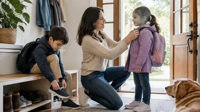 A family prepares for school in a calm home entryway, with backpacks ready, shoes within reach and an adult helping a child put on a jacket.