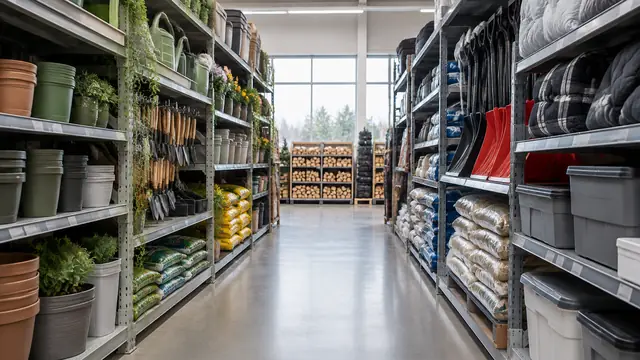 Retail aisle transitioning from summer garden goods to winter household supplies, with plain packaging and no visible text or branding.