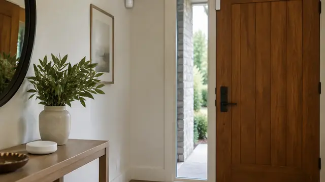 Residential entryway with a discreet door sensor, motion detector and plain security hub on a side table, with no illuminated displays, text or visible branding.