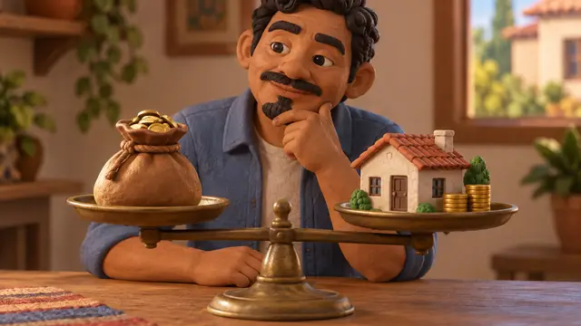 Tactile clay scene of a Latino homebuyer weighing a pouch of coins against a miniature house on a balance scale, with additional coins beside the house, warm studio lighting, and no text, words, numbers, or logos.