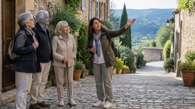 A small group of older travelers with varied mobility pause with a guide beside a gently sloping cobblestone street.