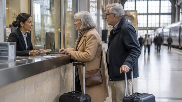 An older couple talks with a ticket agent at an unmarked railway station counter, with carry-on bags beside them.