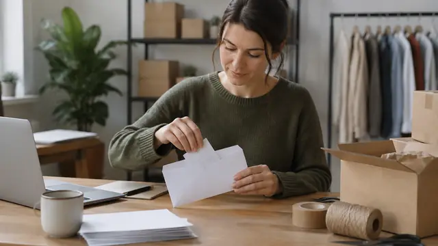 Small-business owner filing receipts with their printed sides hidden into plain envelopes beside shipping materials, with no visible text, logos or screens.