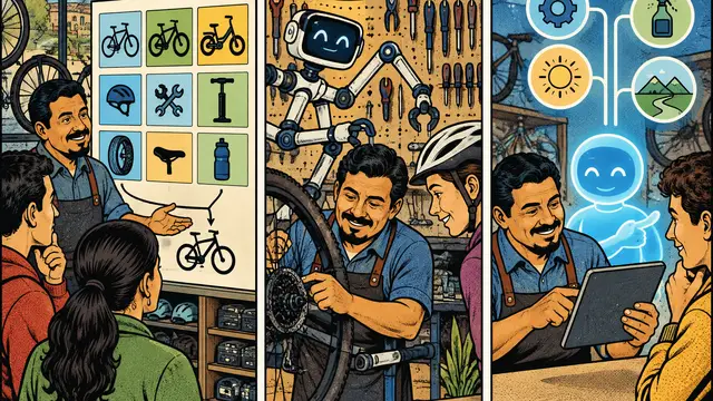 Three-panel retro comic of a Latino bicycle-shop owner helping customers through a pictogram board, branching mechanical helper and friendly abstract digital assistant; halftones, no text or logos.