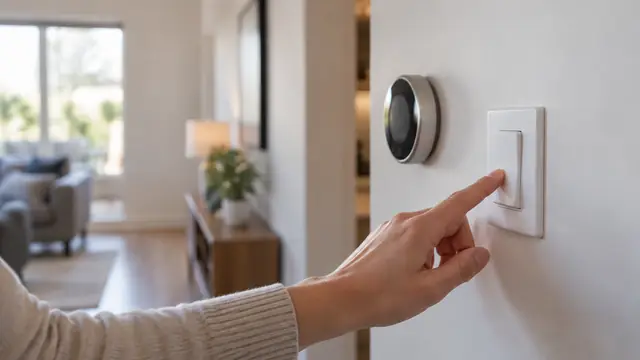 A hand operates a physical wall switch in a modern home, with nearby smart home equipment softly blurred and no visible text, logos, brands or readable screens.