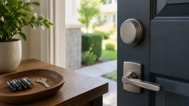 An unbranded smart deadbolt on a sturdy residential front door, with a mechanical key and spare batteries on a nearby table.