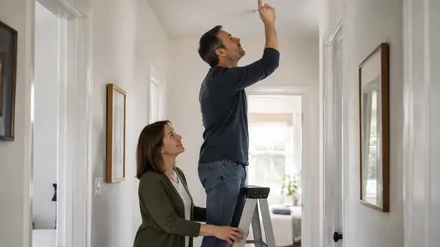 An adult on a short stepladder tests a ceiling-mounted smoke alarm in a residential hallway while another adult steadies the ladder.