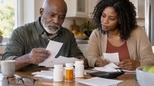 An older Black man and his adult daughter sort blank receipts beside plainly labeled prescription containers, eyeglasses, and a calculator on a kitchen table in natural afternoon light, with no visible markings.