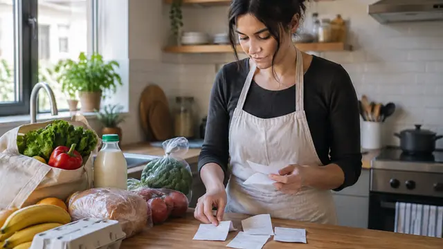 A grocery worker organizes blank receipts and household groceries at a small kitchen counter, with no visible text, logos, brand names or readable screens.