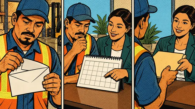 Three connected comic panels show a Latino warehouse worker opening an unmarked envelope, reviewing a blank calendar with a benefits counselor, and handing over a plain folder. Bold halftone shading; no bubbles, text, numbers, or logos.
