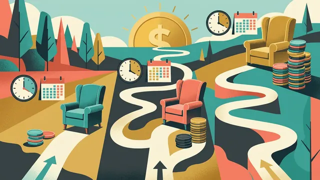 Editorial infographic of three winding paths, clocks, calendars, retirement chairs and coin stacks.
