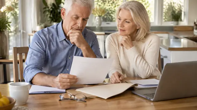 Older couple discussing retirement at a sunny kitchen table, with plain folders and reading glasses nearby.