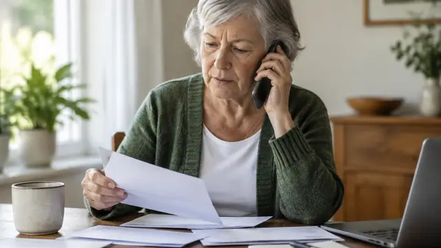 An older adult sorts unmarked mail at a dining table during a phone consultation, with no visible text, logos, brand names or readable screens.
