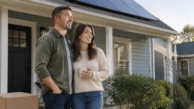 Two homeowners stand beside a plain moving box on the porch of a modest house with rooftop solar panels.