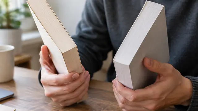 Close-up of hands comparing the binding and paper quality of two plain-covered paperbacks, with page content outside the frame and no visible text or logos.