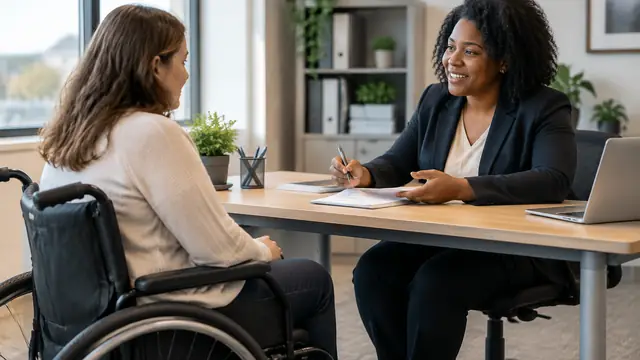 A wheelchair user consults a benefits counselor at an accessible desk, with no visible text, logos, brand names or readable screens.