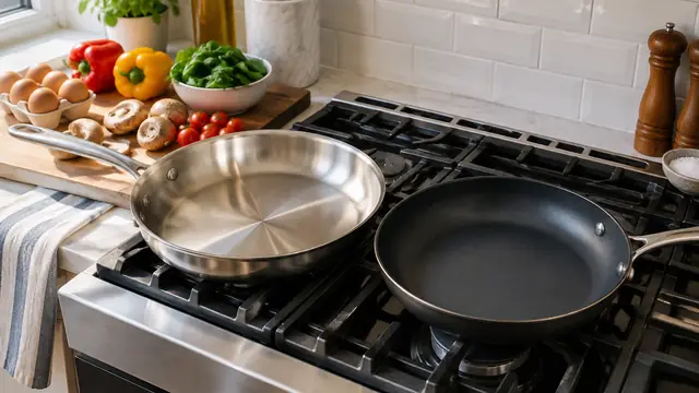 A stainless steel skillet and a nonstick skillet sit side by side on a home stove, with eggs and vegetables nearby.