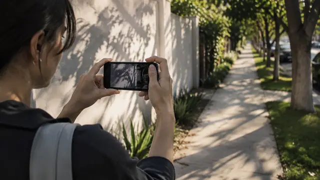 A person uses a phone to frame shadows on a quiet neighborhood sidewalk, with the display turned away from view.