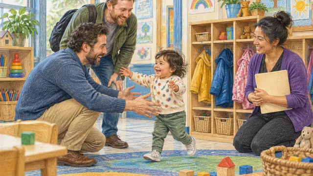 Detailed colored-pencil drawing of two fathers collecting a toddler from a welcoming child care classroom. A provider holds a plain folder, with blocks and small coats in the background. No text, words, or logos.