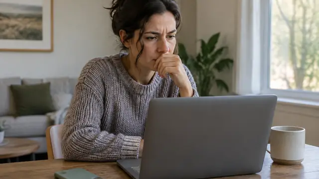 A concerned person uses a laptop at home with an empty phone case beside them; the screen faces away, with no visible text, logos or brand names.