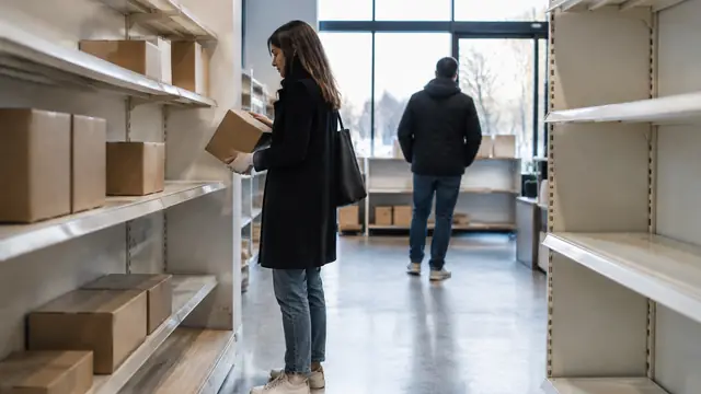 Sparsely stocked retail interior with plain boxed merchandise and empty shelving, with no visible signs, text, logos, brand names or readable screens.