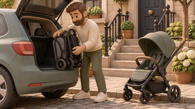 Clay-rendered father testing a folded stroller beside an open compact hatchback trunk, near cobblestones and apartment steps. Another stroller is safely parked on level ground; playful tactile surfaces, no text or logos.