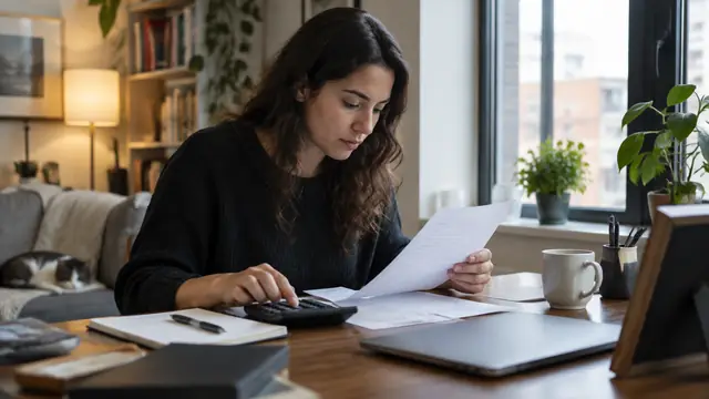 A young professional reviews finances at a compact apartment desk beside a closed laptop and a diploma frame facing away from the camera.