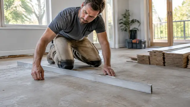 A flooring installer uses a long straightedge to inspect an exposed subfloor, with stacked unbranded flooring planks nearby.